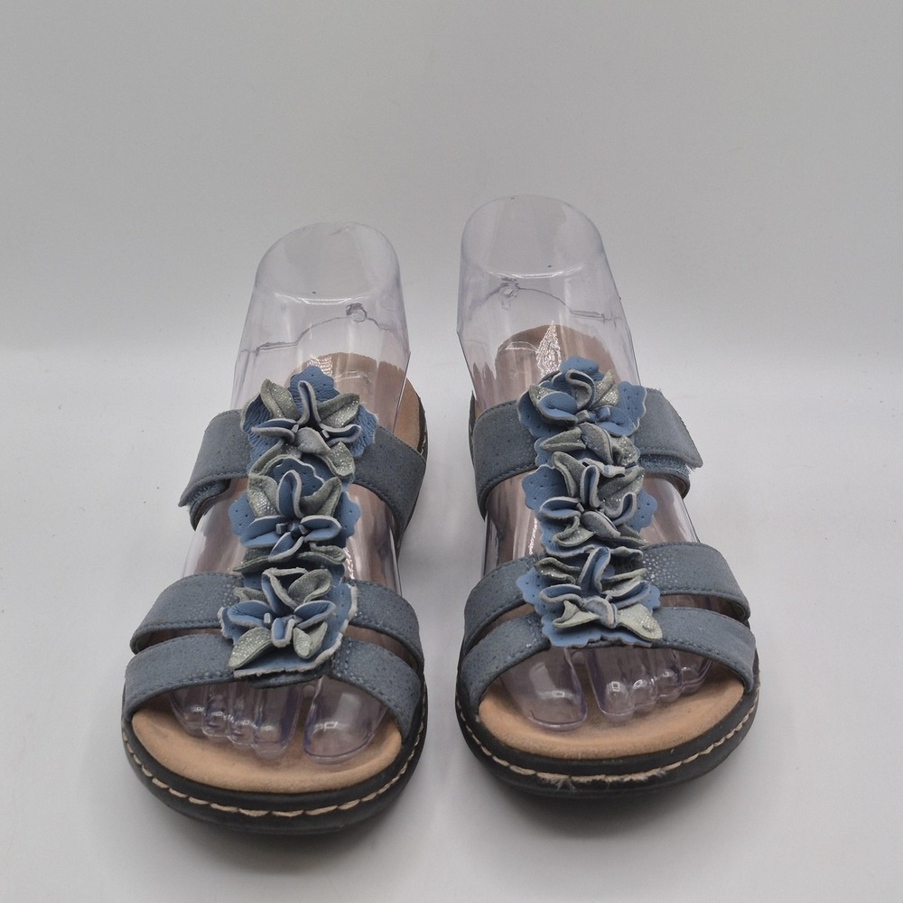 Clarks Collection Sandals Womens Size 7 Blue Suede Slide Flower Wedge Comfort - Picture 7 of 12
